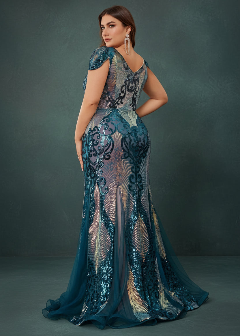 Plus Size Luxurious Short Sleeve Sequin Formal Evening Dress Women Elegant  Mermaid Party Cocktail Gown Special Event
