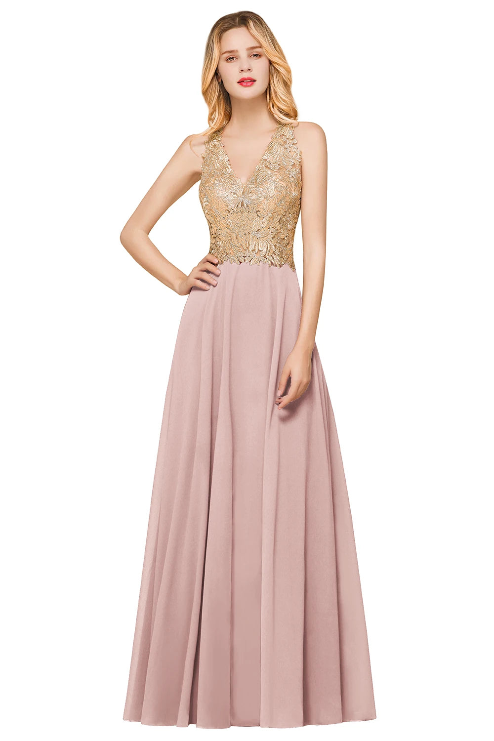 Charming V-Neck Sleelvess Bridesmaid Dress A Line Sparking Gold Appqulies Prom Formal Dresses Chiffon Gown Wedding Party Evening