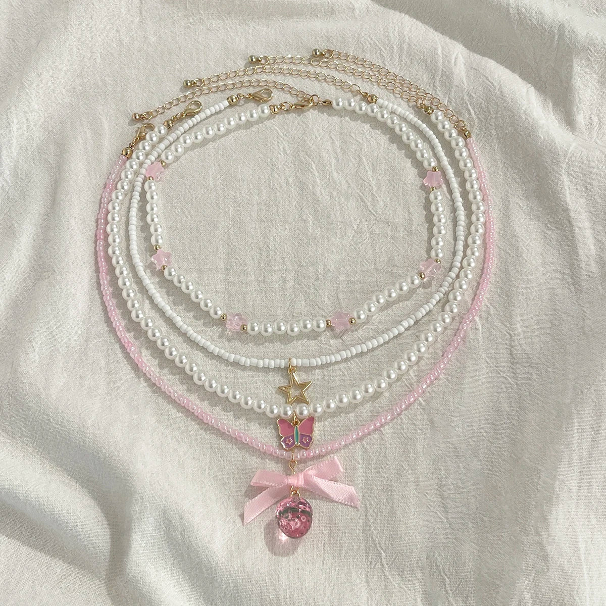 Salircon Romantic Lovely Pink Strawberry Bowkont Pendant Women Necklace Set Elegant Multilayer Imitation Pearl Choker Jewelry