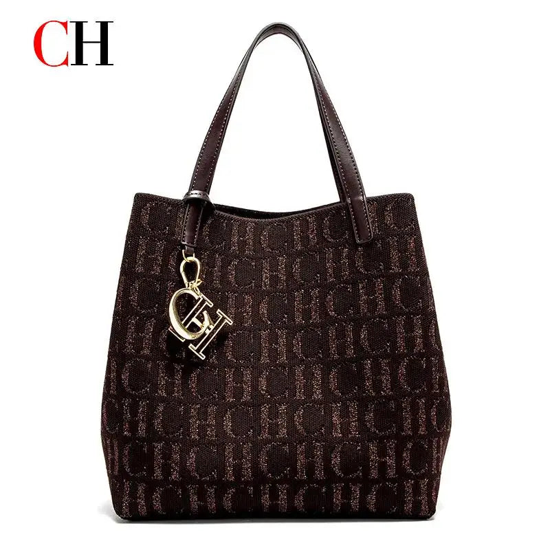 CH Trendy Solid-Color Women's Bucket Bag - Large Capacity Letter Print Design with Detachable Strap Inner Card Pockets Handbag