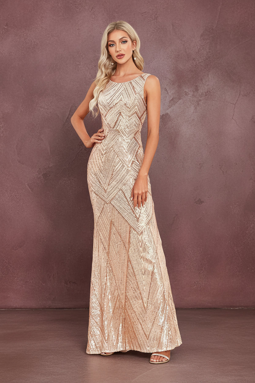 Round Neck Gorgeous Rose Gold Formal Party Dress