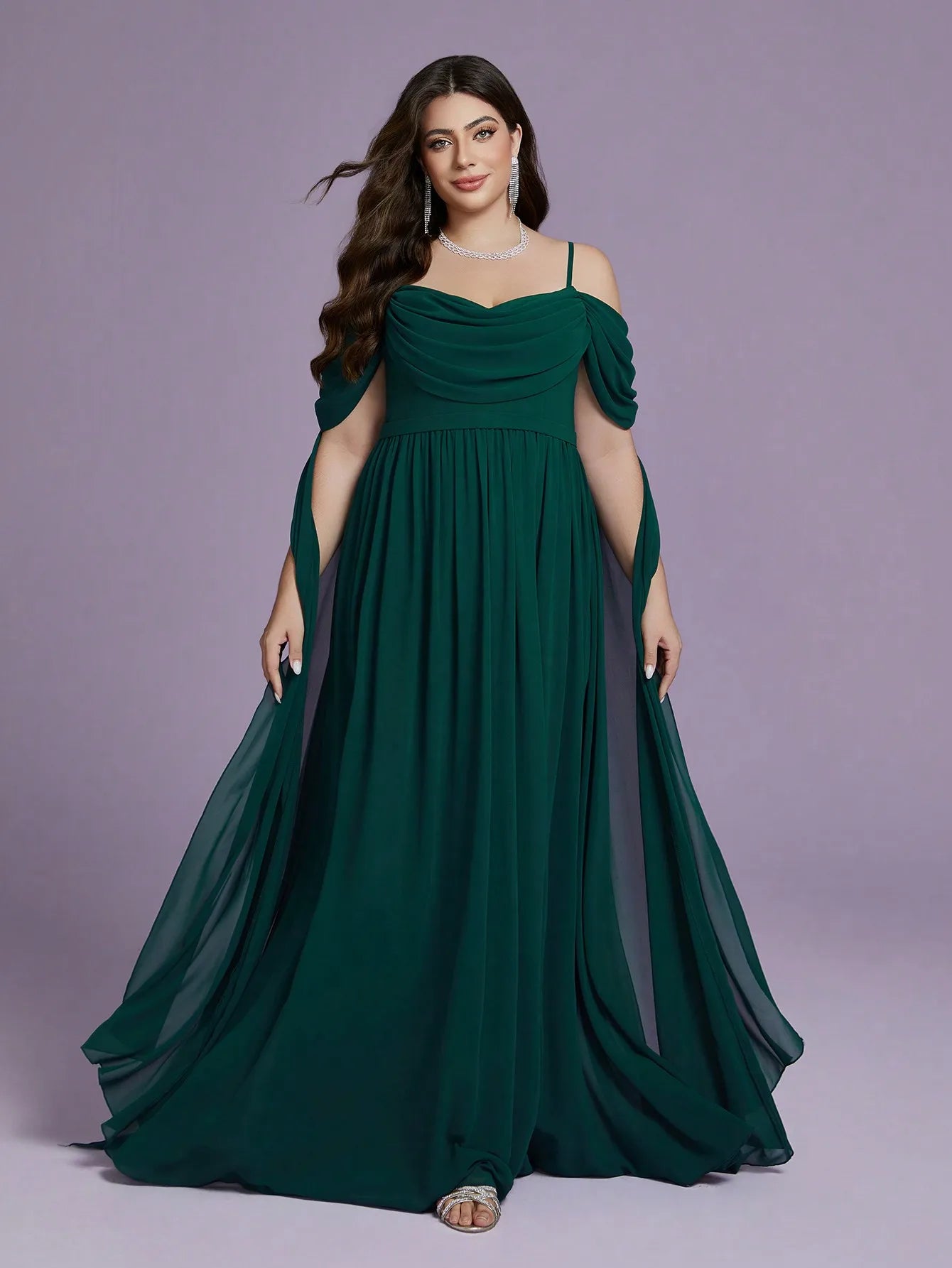 Mgiacy high-end evening dress with one-shoulder halter, pearl chiffon, chest-wrapped and fluttered sleeves