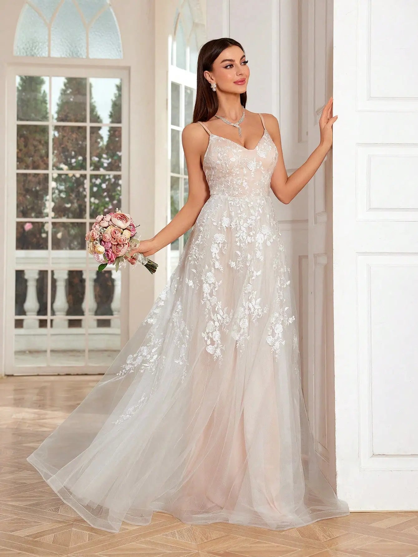Mgiacy Camisole Romantic embroidered lace contrasting mesh full skirt