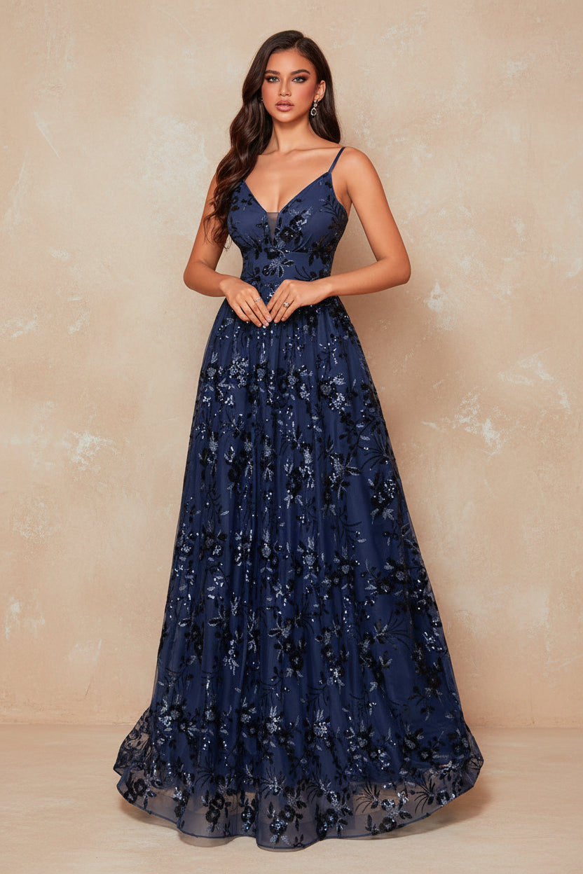 Elegant Sequins Sexy Backless Evening Dress For Women Deep V-neck Prom Party  Dress Floor Length Blue Formal Gowns