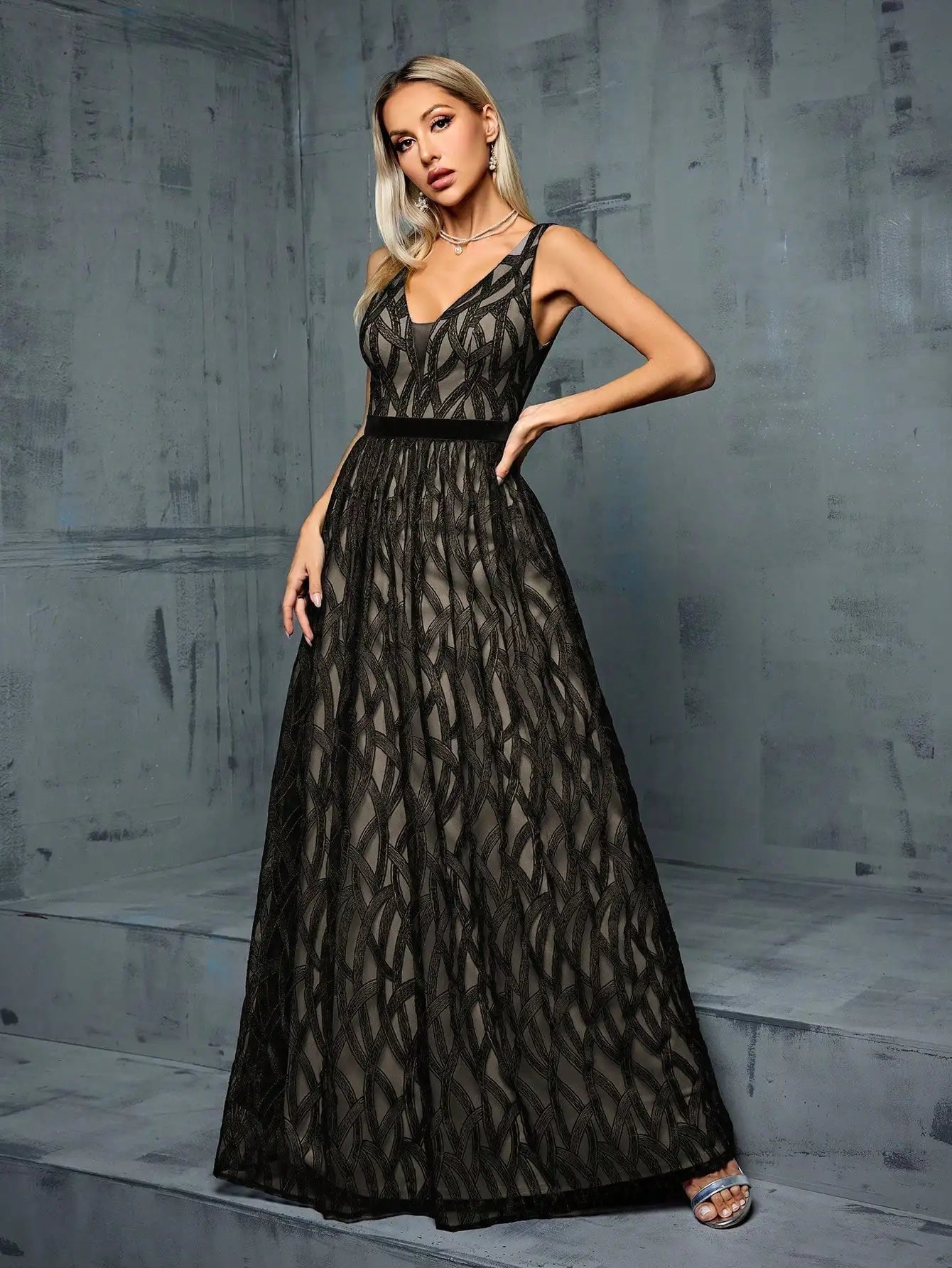 V-Neck Embroidered Lace Maxi Dress