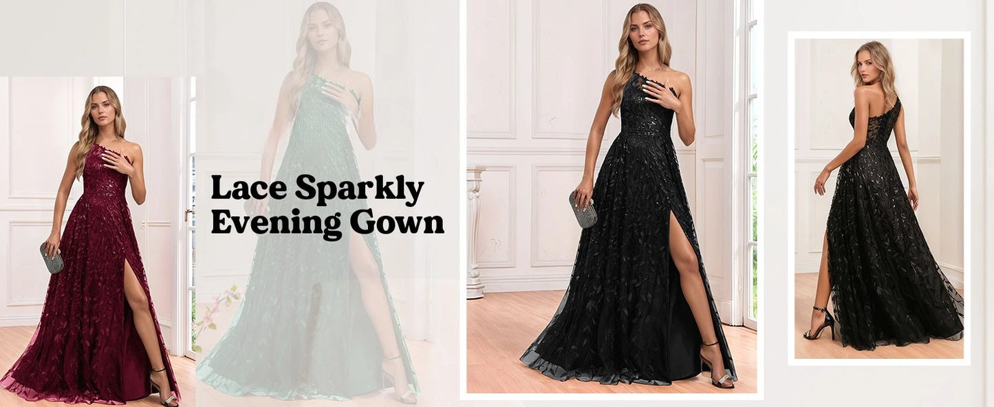 Lace Embroidered sequins Prom Dresses for Women One Shoulder Formal Party Dress Sleeveless Maxi Evening Gown with Slit