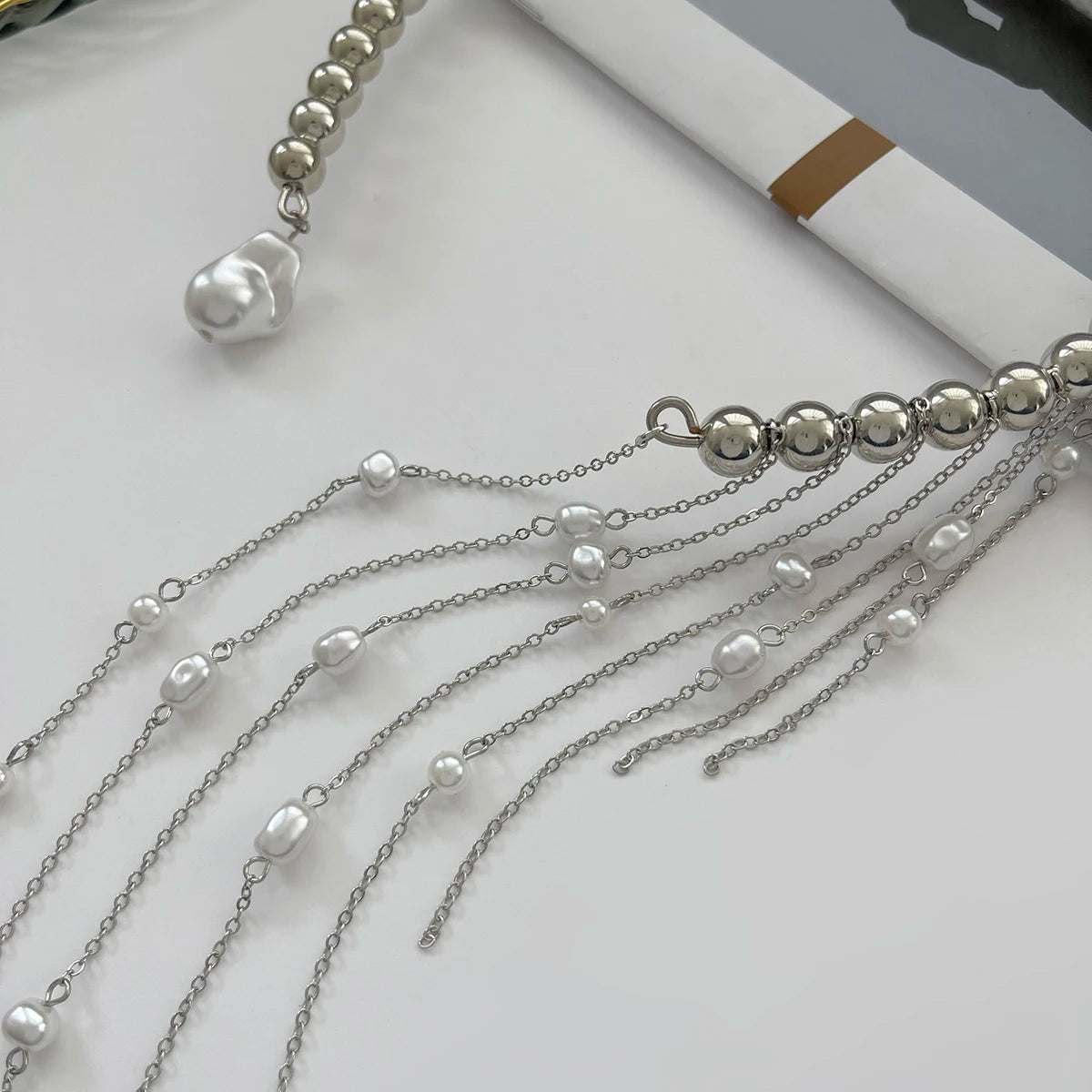Salircon Exquisite Imitation Pearl Tassels Open Choker Necklace Women Fashion Long Tassel CCB Beads Clavicle Chain Jewelry 2025