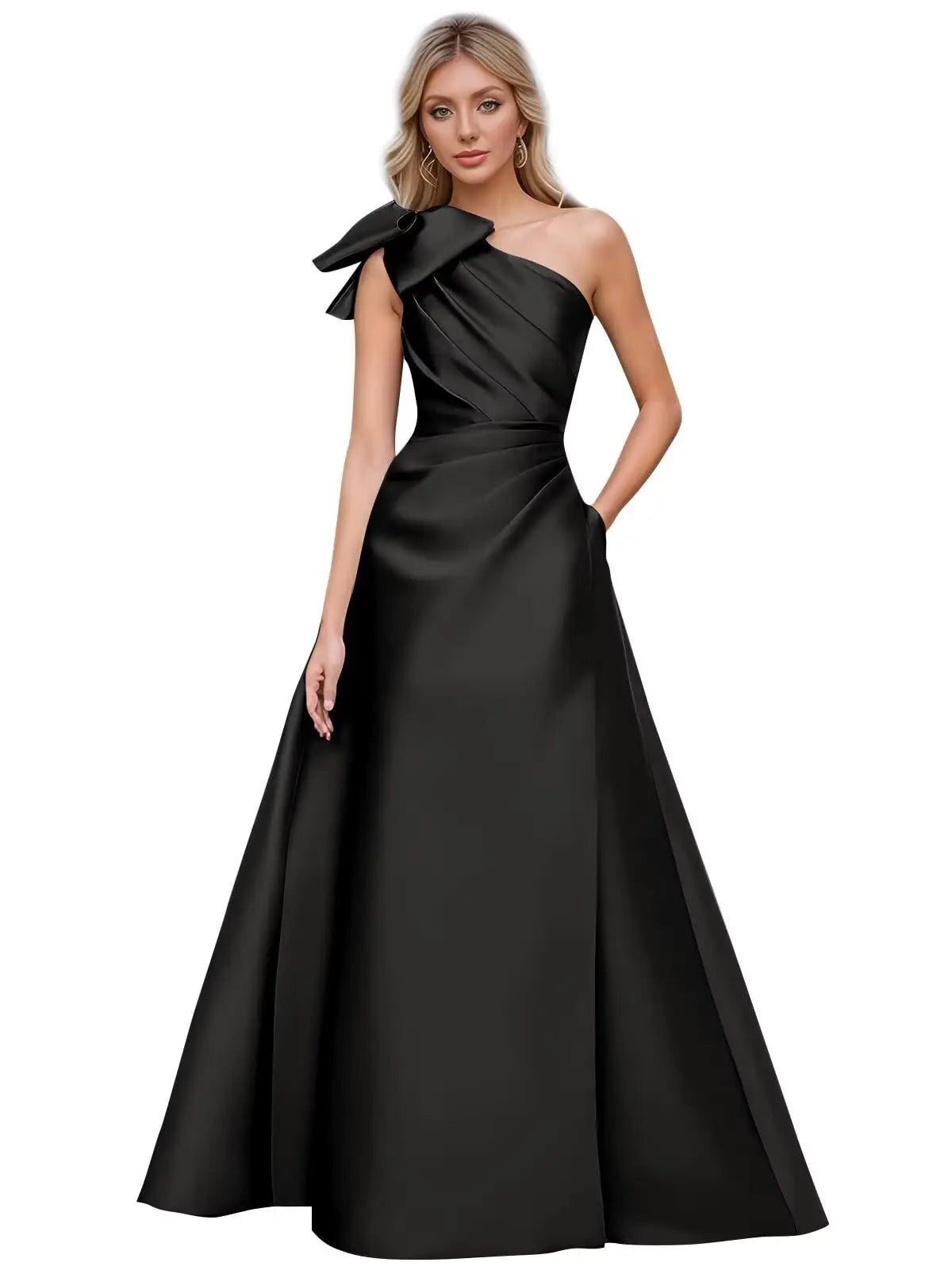 Women’s One Shoulder Prom Dresses Satin Mother of The Bride Dresses A Line Modest Formal Evening Gown with Bow