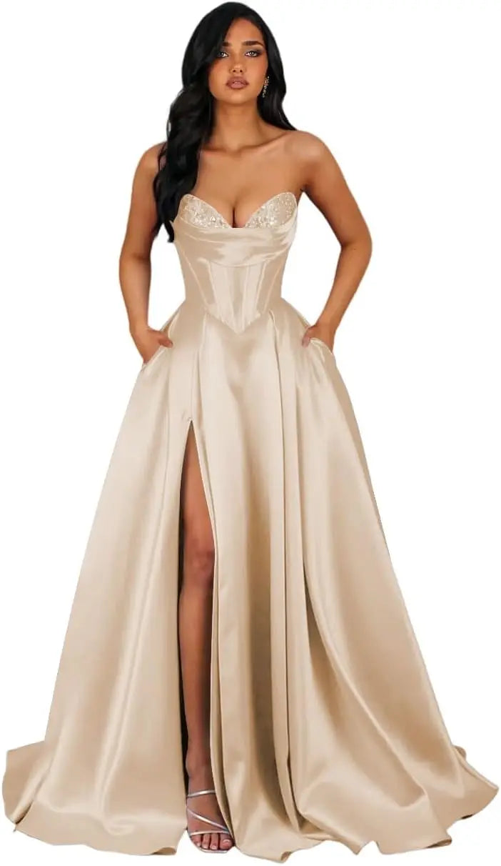Strapless Sequin Prom Dresses Long with Slit Satin Formal Party Dress