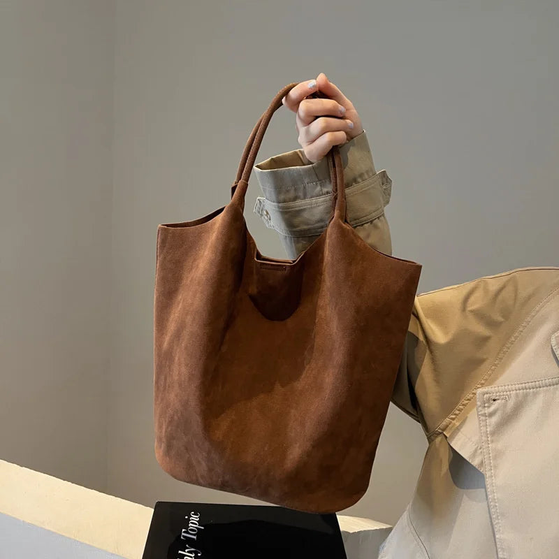 Retro Women's Suede Shoulder Bag New Solid Colors High Capacity Casual Tote Zippered Versatile Sewing Thread for Crafting