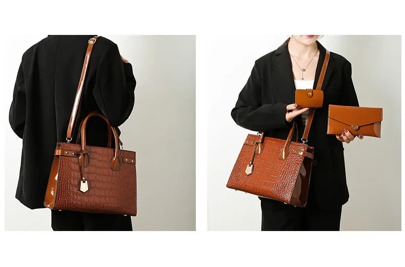 Retro Ladies Three-piece Set Mother-daughter Crossbody Bag Crocodile Pattern Texture Single-shoulder Hand-held Diagonal Bag