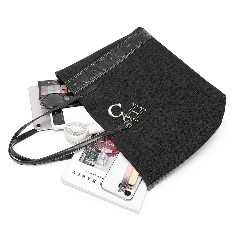 CH Fashion Women's Large Capacity Tote Bag Monogram Embossed Handbag with Metal Daily Commute Work Shoulder Bag