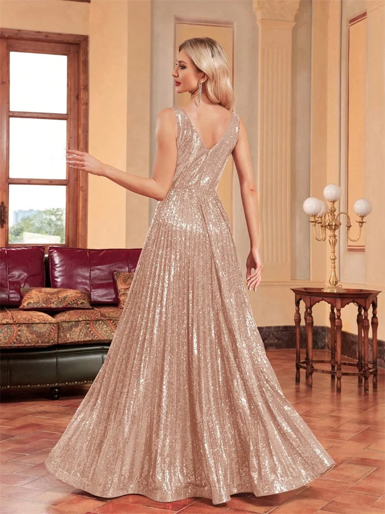 Luxury V-Neck Sleeveless Formal Evening Dresses Women Sequins Wedding Party Prom Maxi Cocktail Gowns Vestidos