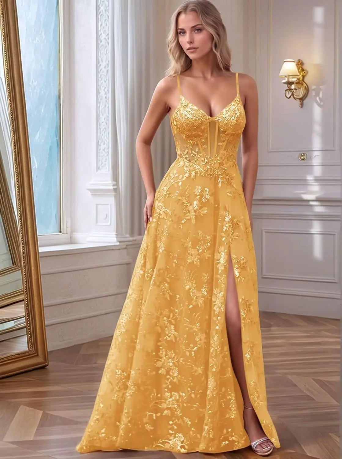 Spaghetti Strap Tulle Appliques Prom Dresses with Slit V Neck Sequin Evening Gown Women Formal Pageant Dress Long Party Dresses
