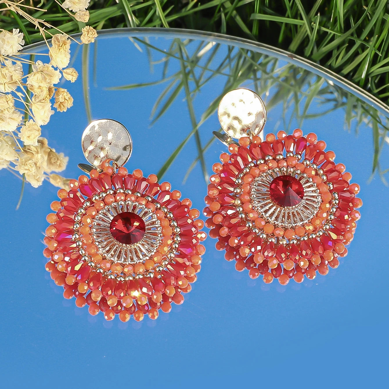 Bohemian Handmade Colorful Crystal Beads Flower Earrings for Women Trendy Ethnic Rhinestone Drop Earrings Summer Party Jewelry