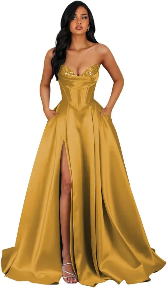 Strapless Sequin Prom Dresses Long with Slit Satin Formal Party Dress