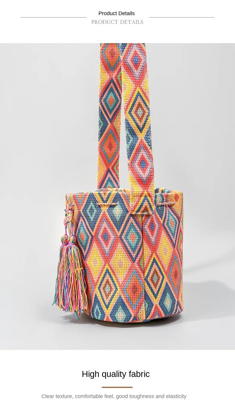 Boho style embroidered bucket bag