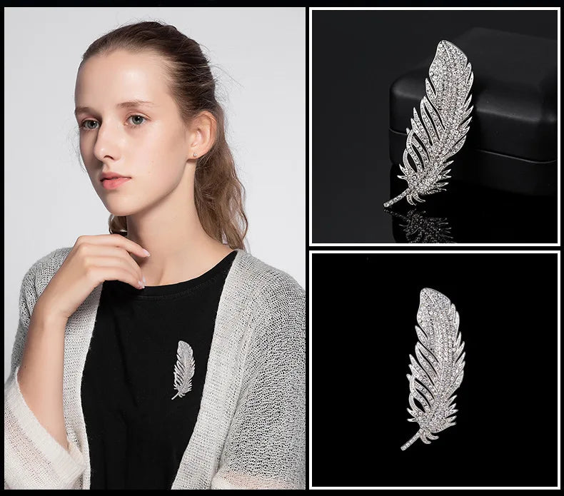 SKEDS Luxury Feather Crystal Brooches For Women Fashion Rhinestone Banquet Party Jewelry Accessories Vintage Badges Brooch Pin