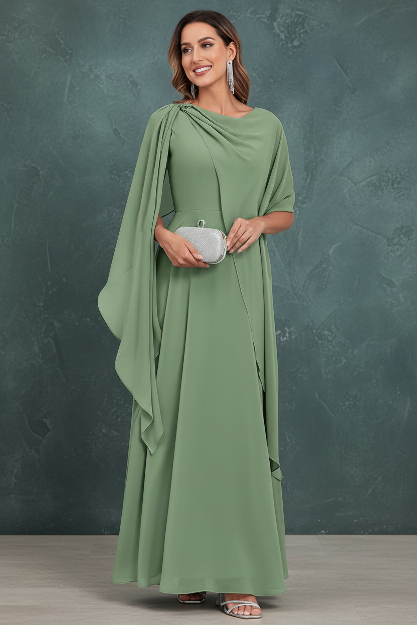 Scoop Neck Mother of The Bride Dresses Cape Shawl Ruffle Long Formal Evening Gowns Chiffon A Line Wedding Guest Bridesmaid Dress