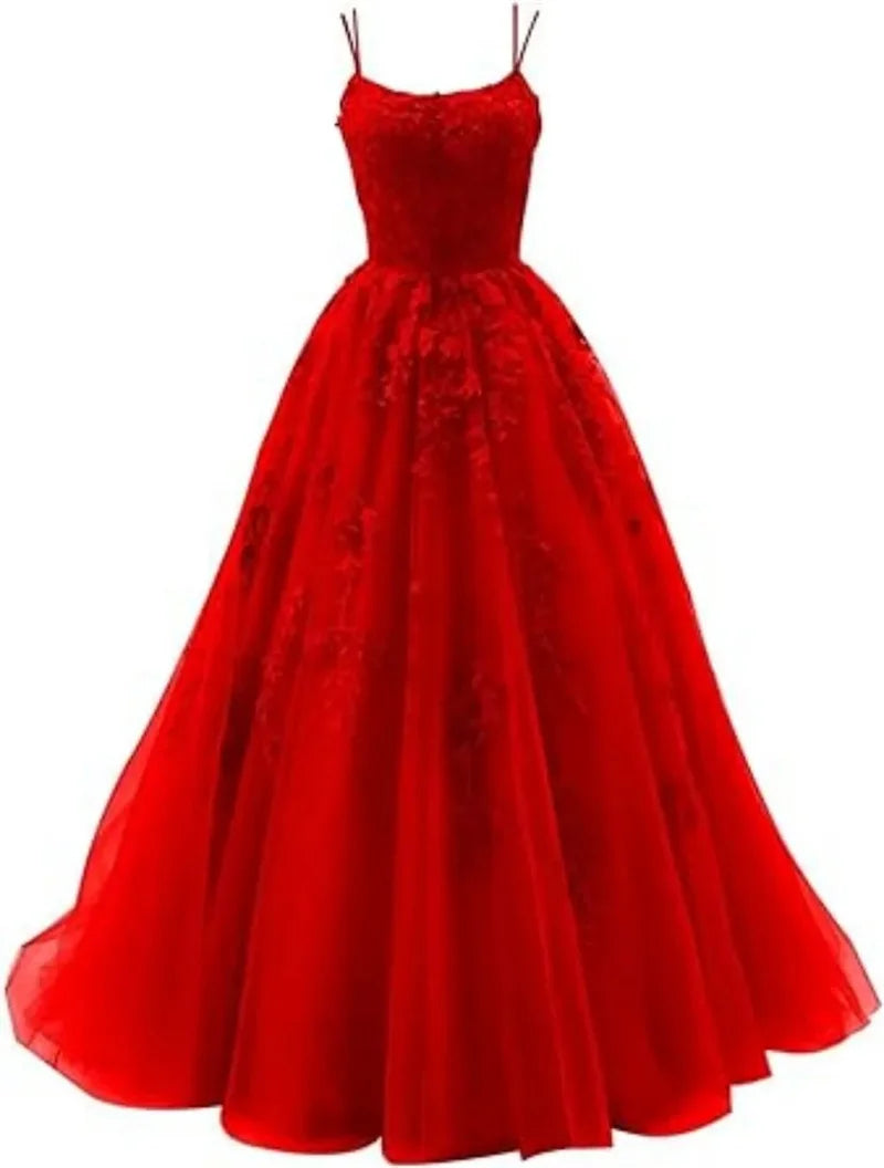 Tulle Spaghetti Straps Prom Dresses Long Lace Appliques Ball Gowns for Women