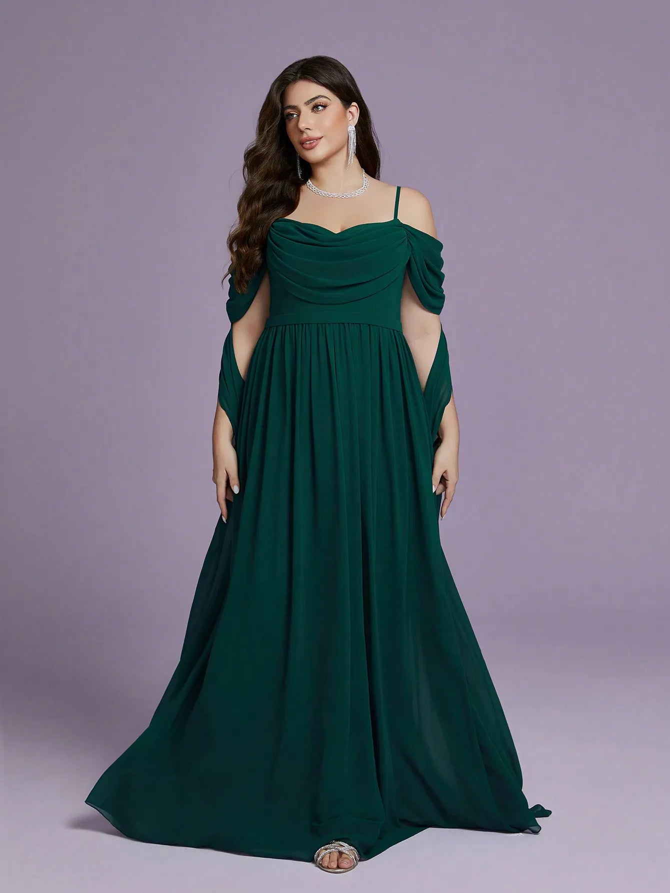 Mgiacy high-end evening dress with one-shoulder halter, pearl chiffon, chest-wrapped and fluttered sleeves