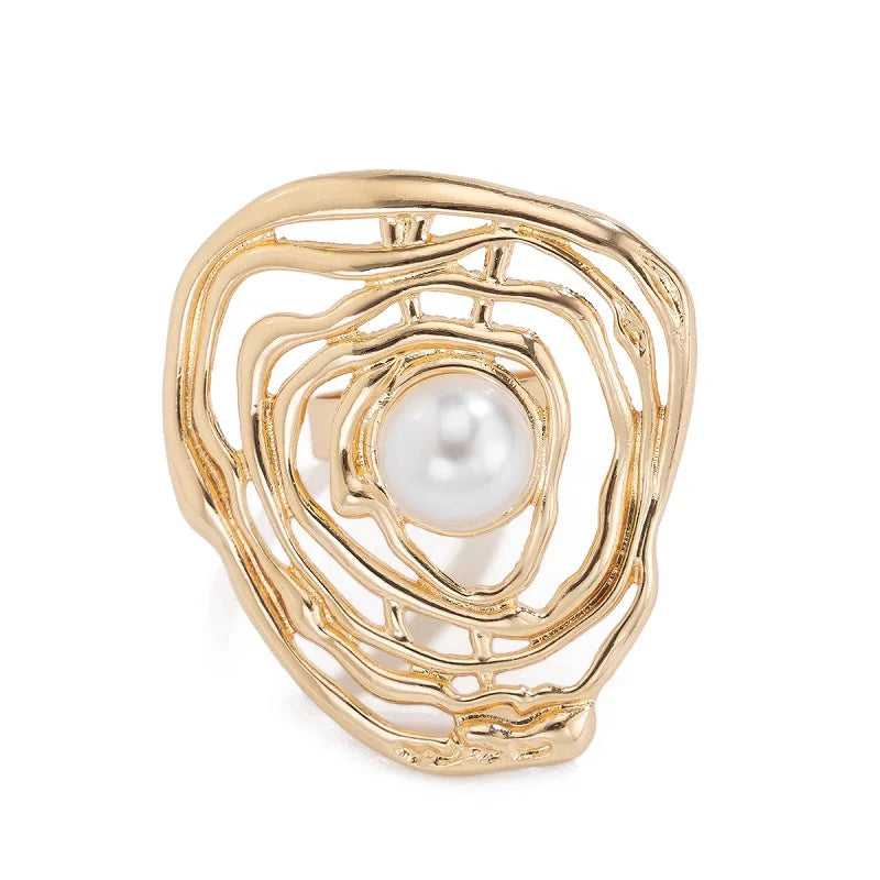 Exaggerated Metal Big Pearl Flower Rings for Women Retro Gold Color Irregular Geometric Circle Leaf Opening Finger Ring Jewelry