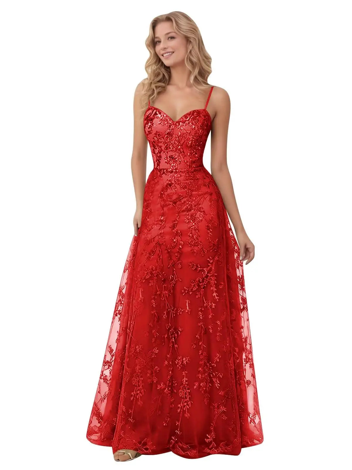 Tulle Formal Dress Laces Spaghetti Strap Sparkly Prom Dress for Women Long Evening Party Gown Formal Dress Women Elegant