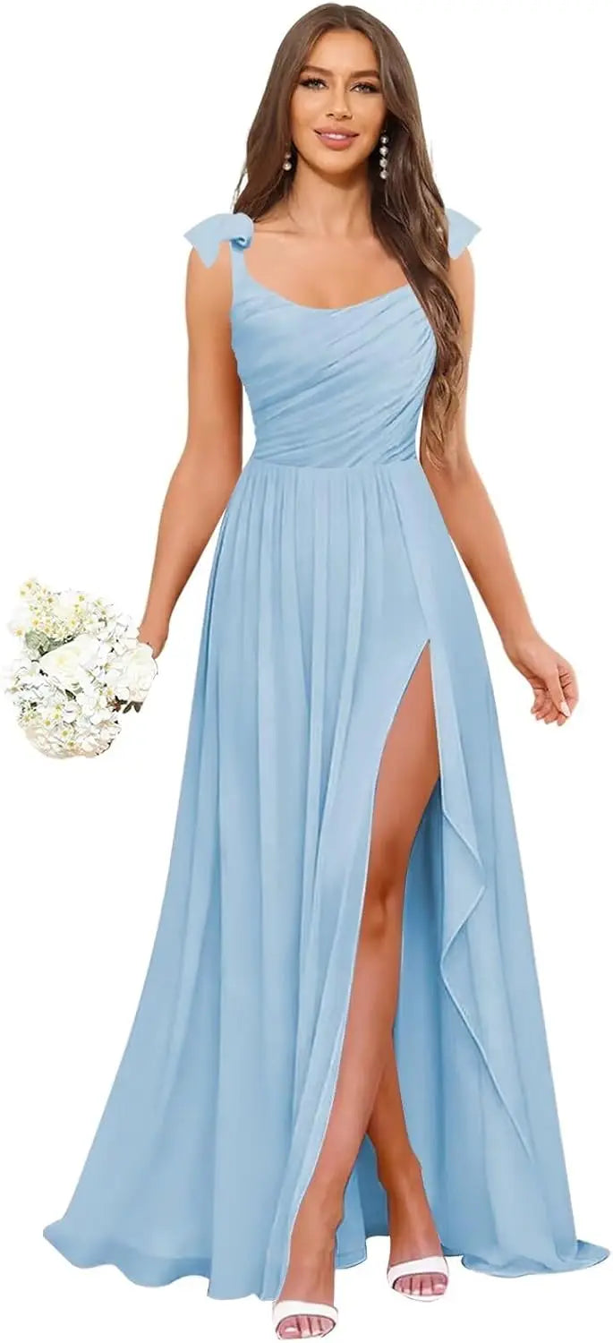 Square Neck Bridesmaid Dress with Ruffle Slit Chiffon Spaghetti Straps Ruched Bust Long Formal Prom Wedding Guest Gown