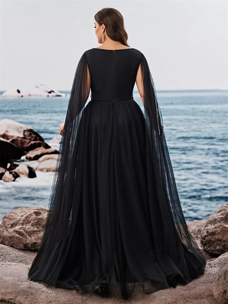 Plus Size Luxury Floor-standing sleeves Sequins Evening Dresses Women V-neck Formal Wedding Party Cocktail Gowns Vestidos