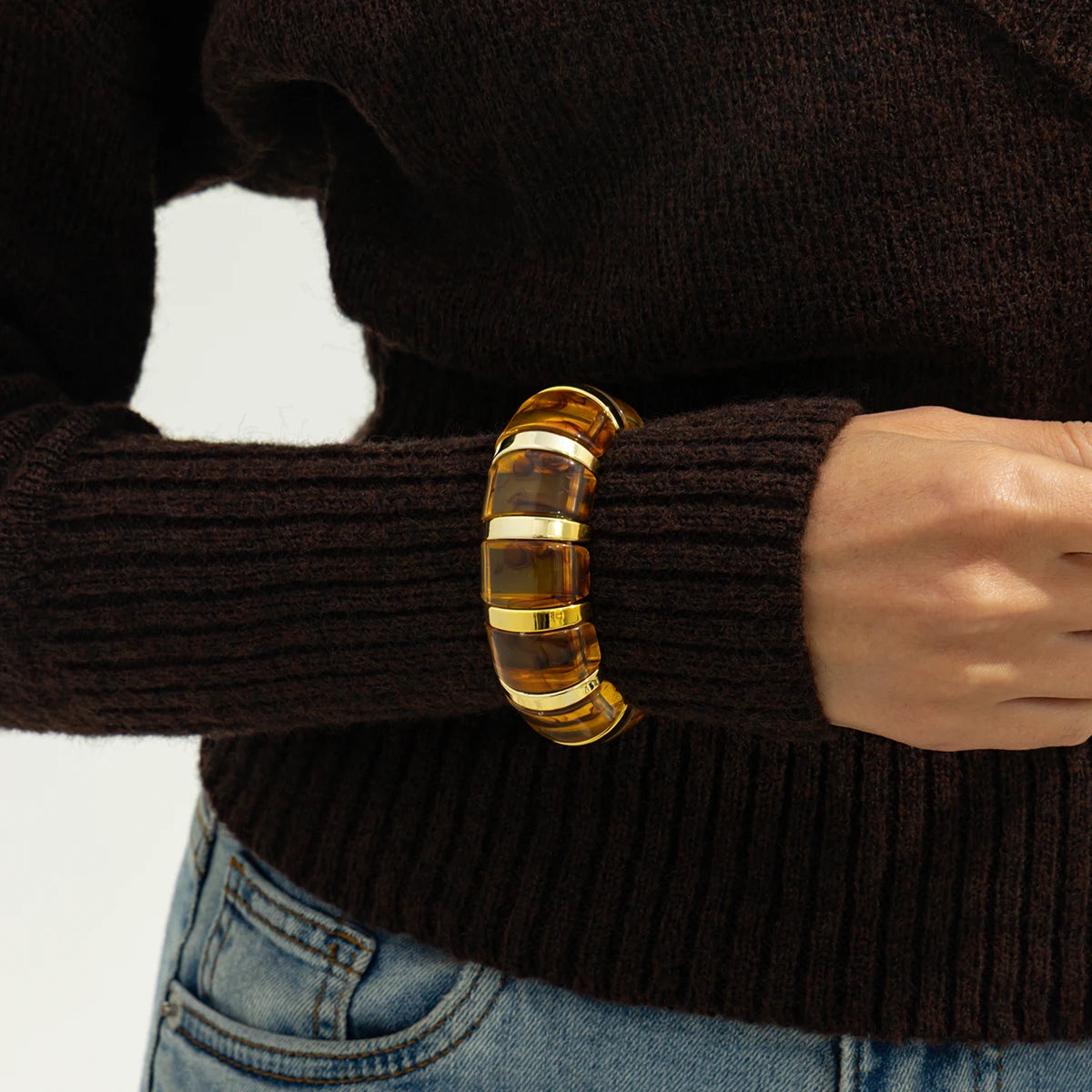 Salircon Vintage Acrylic Amber Elastic Geometric Bracelets Women Trendy Stretchy Resin Splice Cuff Bangles Couple Jewelry 2026