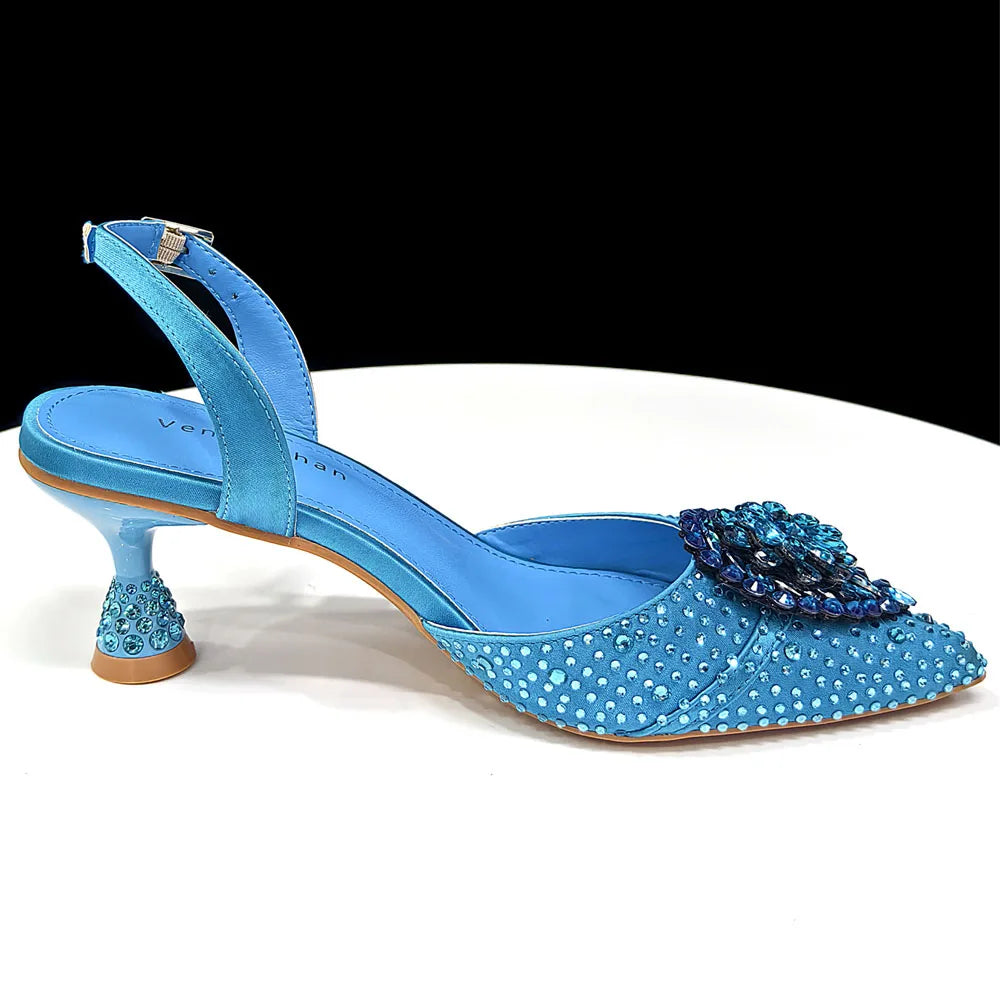 Venus Chan Blue Color Rhinestone Comfortable high heel shoe And Bag Fashion Style Pointed-Toe Shoes For Women Or Commuting Shoes