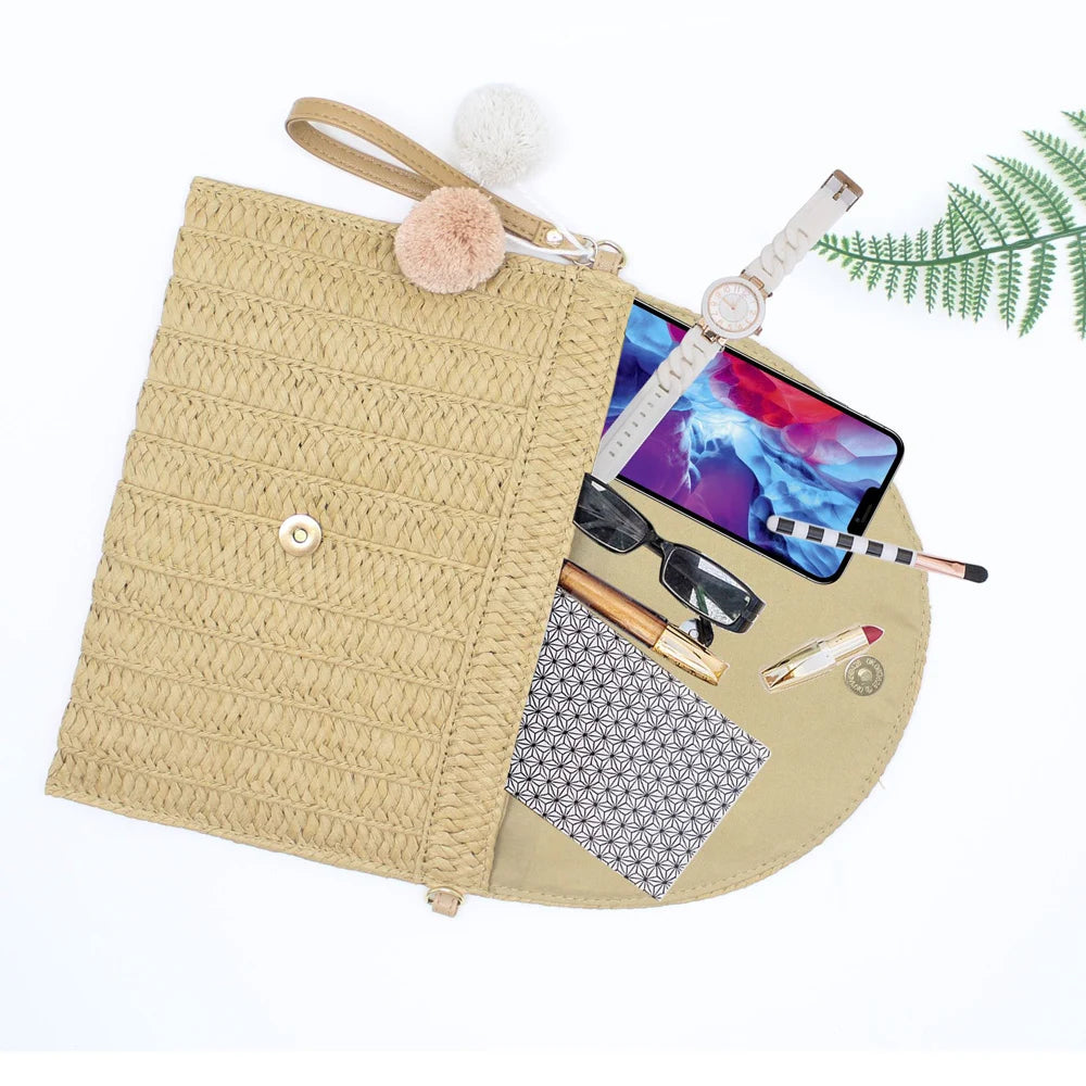 Handmade Ladies Straw Woven Bags Women Summer Holiday Beach Casual Clutch Purse Elegant Shoulder Handbag Raffia Envelope Wallets