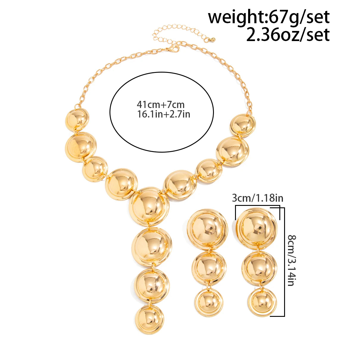 Salircon Women Punk Metal Y-Shaped Chain Jewelry Set Exaggerated Geometric Smooth Circular Spliced Long Necklace And Earrings