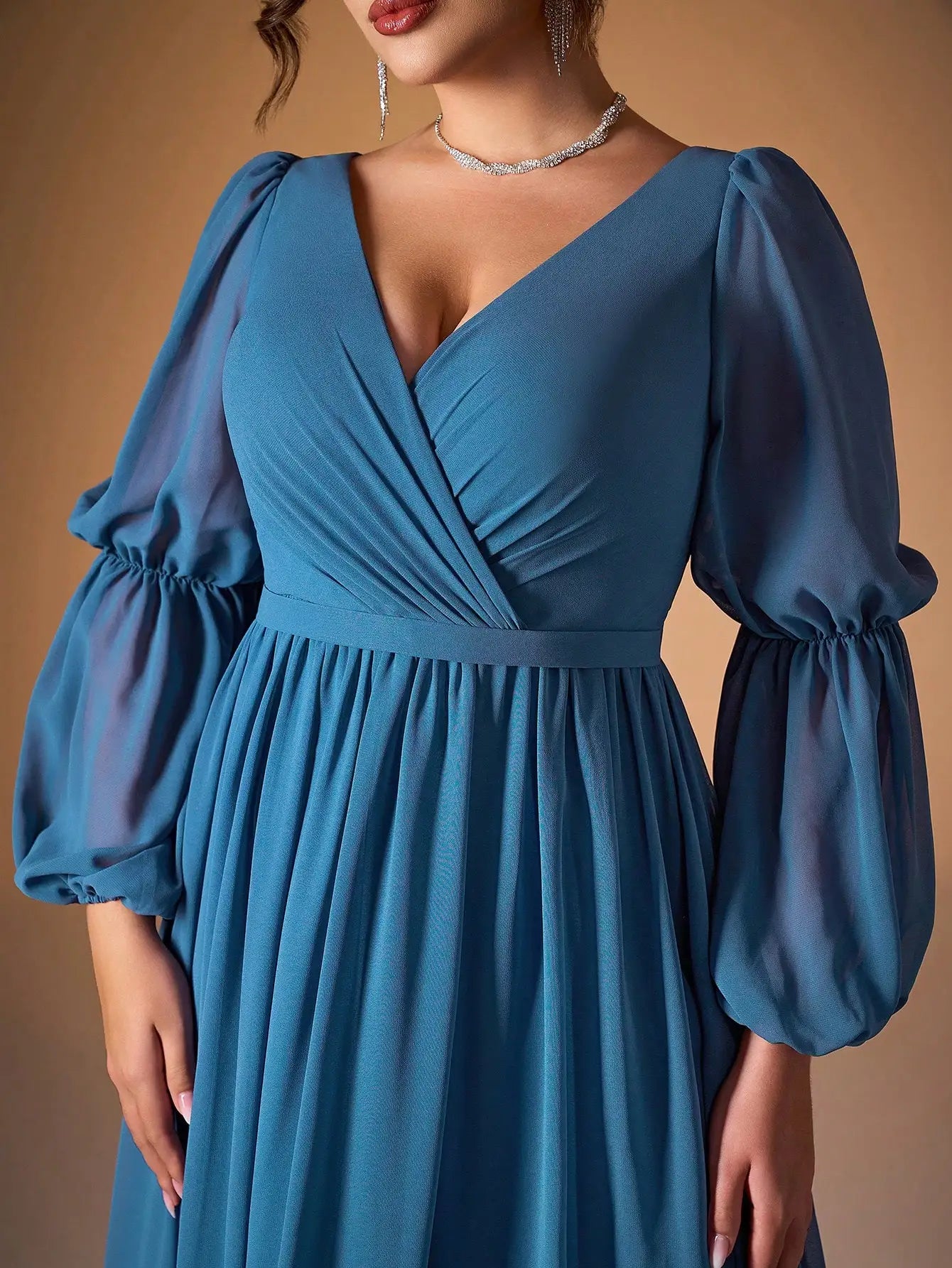 Mgiacyv-neck pearl chiffon double lantern long-sleeved grand swing high-end evening dress