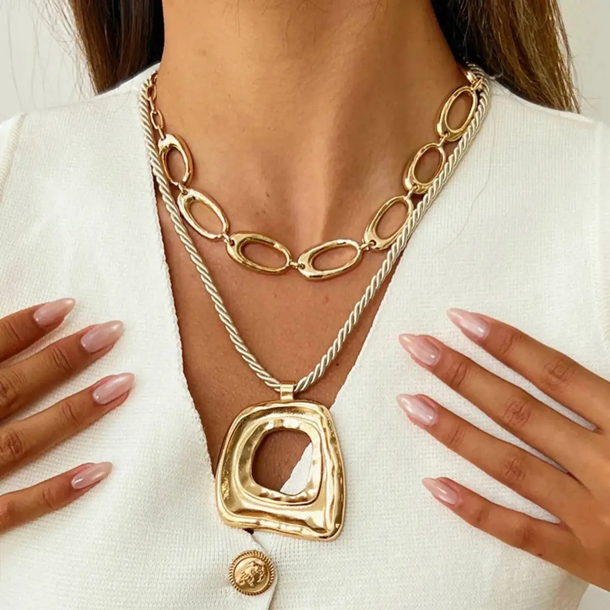 KunJoe New Trendy Hollow Out Square Geometric Pendant Necklace Set for Women Adjustable Rope Chain Choker Necklace Party Jewelry