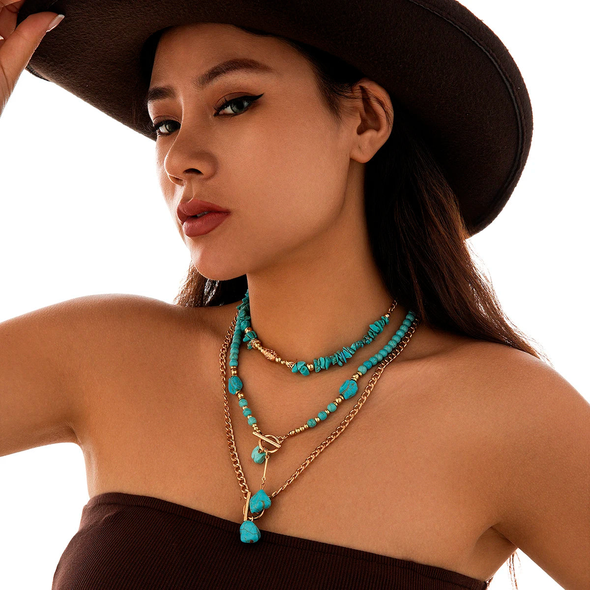 KunJoe 3Pcs Vintage Blue Natural Stone Beads Choker Necklaces for Women Bohemia Geometry Pendant Necklace Trendy Neck Jewelry