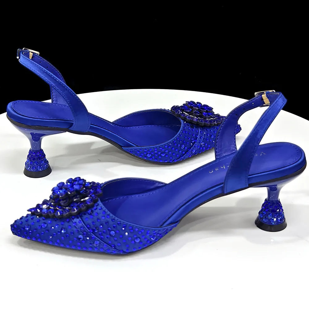 Venus Chan Blue Color Rhinestone Comfortable high heel shoe And Bag Fashion Style Pointed-Toe Shoes For Women Or Commuting Shoes