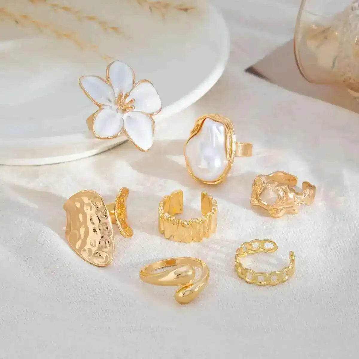 KunJoe 7Pcs/Set Imitation Pearl White Flower Open Ring for Women Trendy Geometry Water Drop Adjustable Finger Ring Jewelry Gift