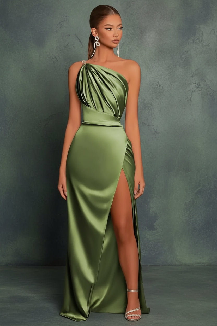 Long Satin Bridesmaid Dresses One Shoulder Spaghetti Straps Mermaid Prom Dress with Slit