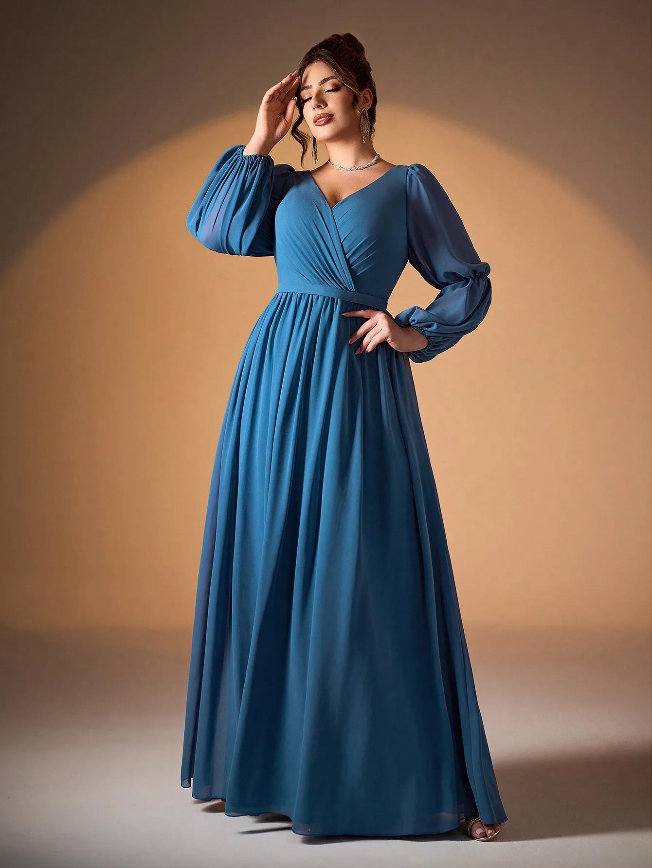 Mgiacyv-neck pearl chiffon double lantern long-sleeved grand swing high-end evening dress