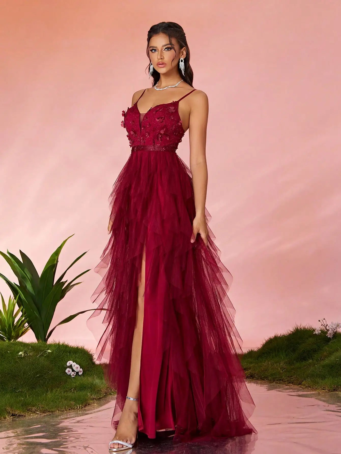 V-neck sexy three-dimensional embroidery bar, spliced three-dimensional mesh lotus leaf dress, big split long dress