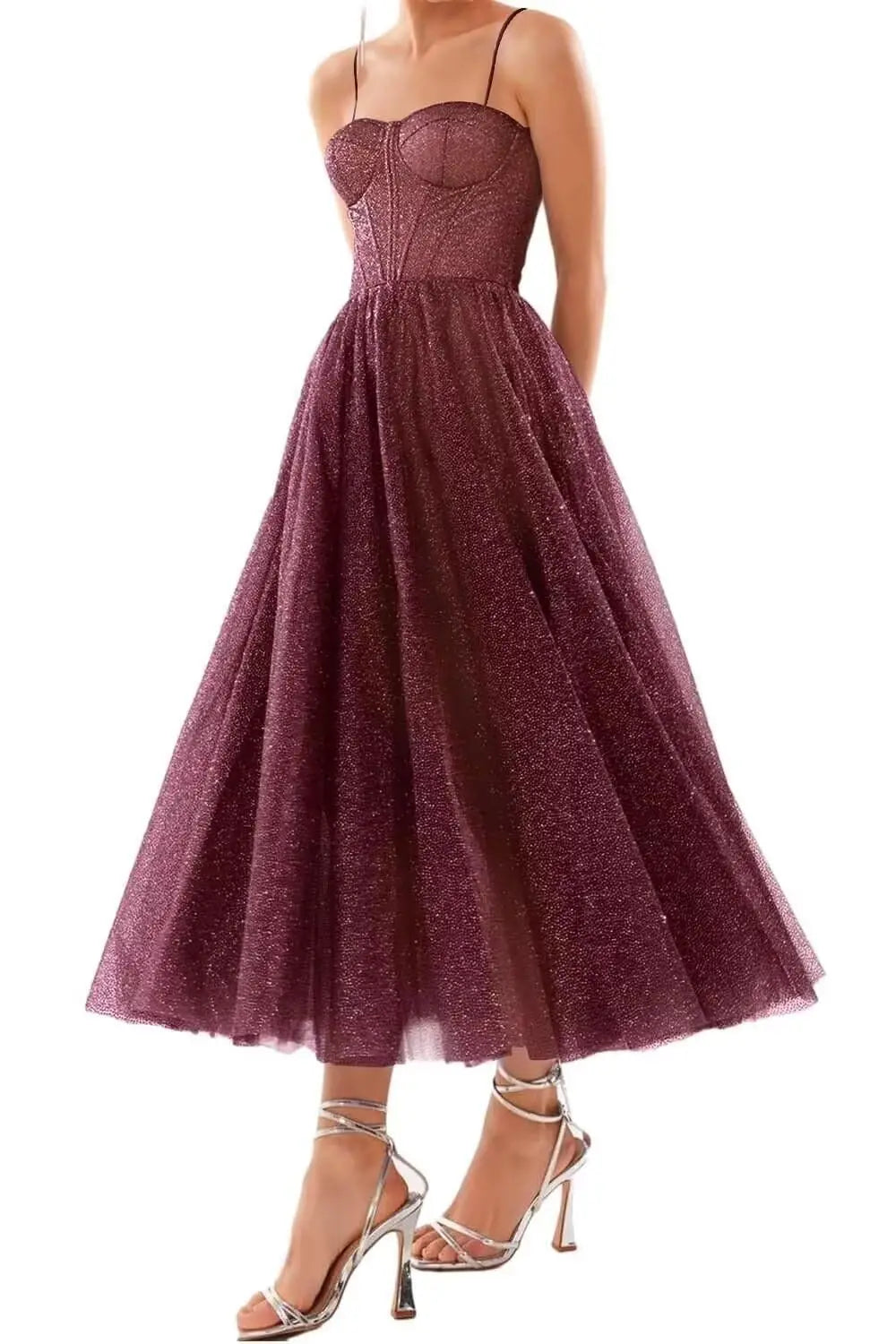 A Line Glitter Tea Length Formal Evening Cocktail Party Dresses for Women, Sequined Spaghetti Midi Corset Prom Gowns Cocktail