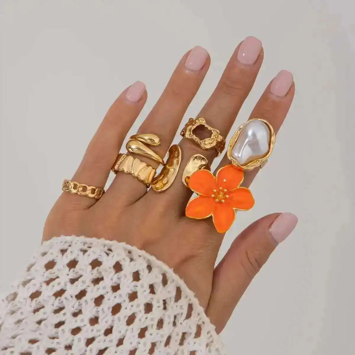 KunJoe 7Pcs/Set Imitation Pearl White Flower Open Ring for Women Trendy Geometry Water Drop Adjustable Finger Ring Jewelry Gift