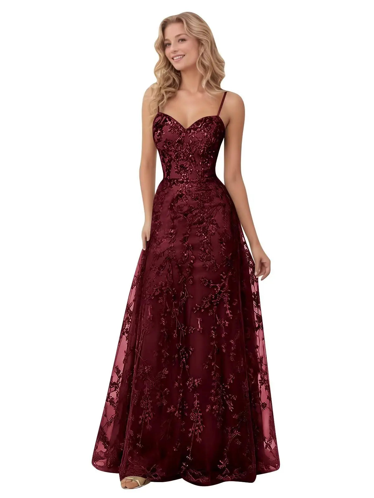 Tulle Formal Dress Laces Spaghetti Strap Sparkly Prom Dress for Women Long Evening Party Gown Formal Dress Women Elegant