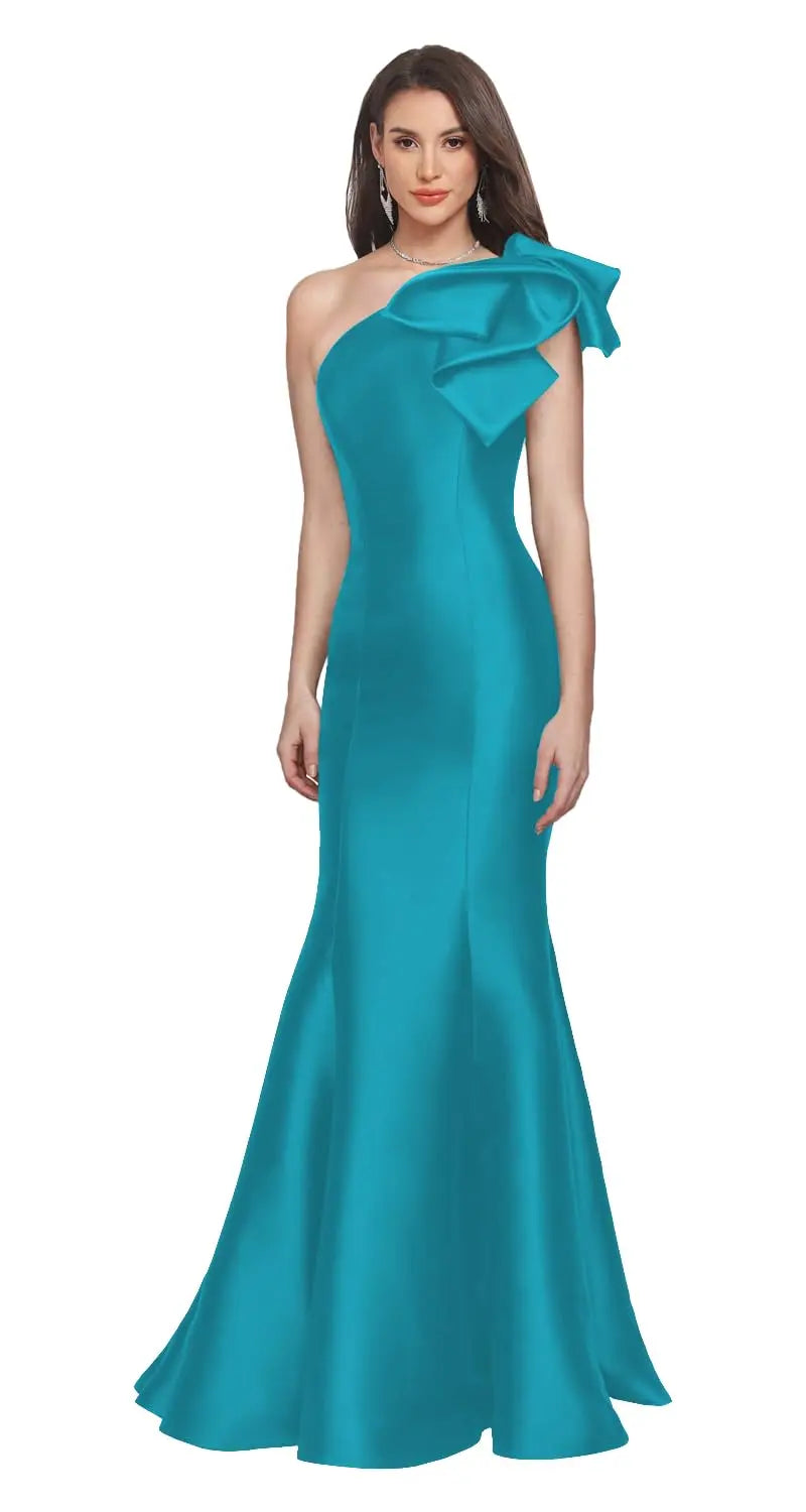 One Shoulder Prom Dresses Satin Mermaid Long Gowns With Bow