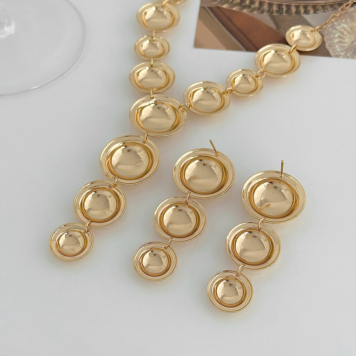 Salircon Women Punk Metal Y-Shaped Chain Jewelry Set Exaggerated Geometric Smooth Circular Spliced Long Necklace And Earrings