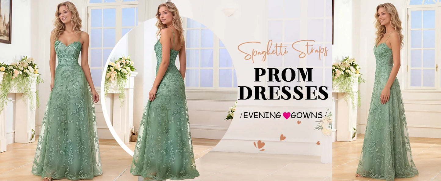 Tulle Formal Dress Laces Spaghetti Strap Sparkly Prom Dress for Women Long Evening Party Gown Formal Dress Women Elegant