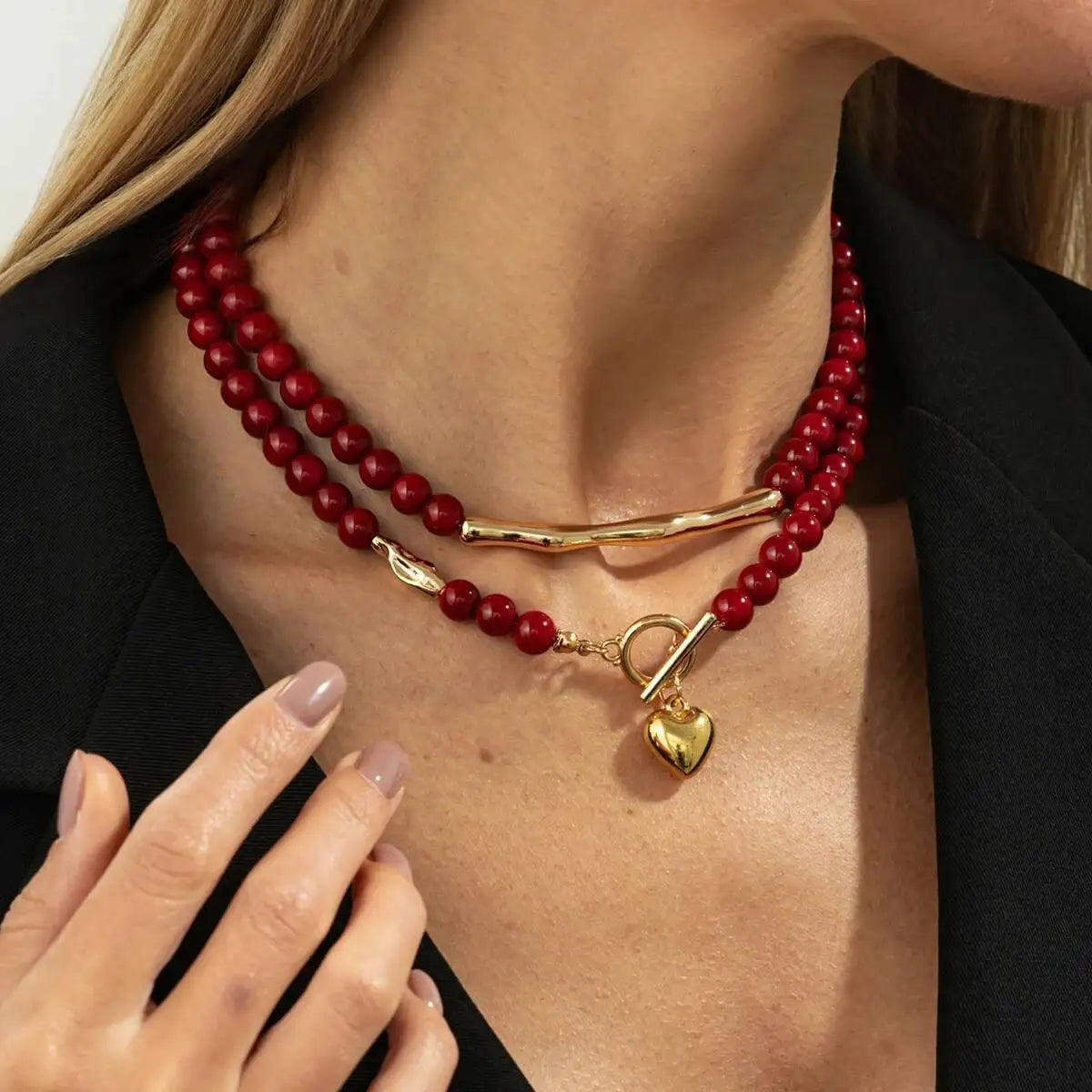 KunJoe Vintage Red Acrylic Beaded Choker Necklace for Women Trendy Stacked Love Heart Pendant Necklace New Year Jewelry Gifts