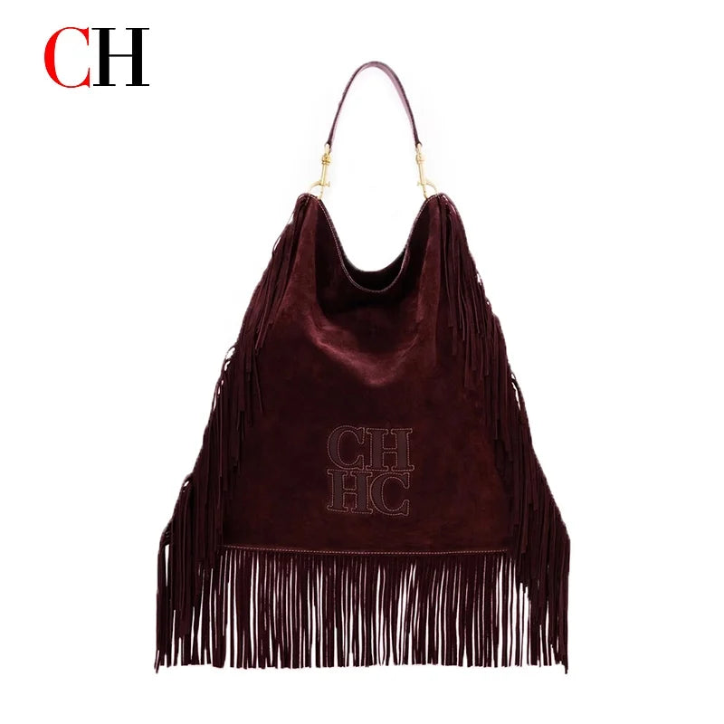 CH Leather Suede Fringe Hobo Bag Brown Large Capacity Tassel Shoulder Bag Retro Western Style Casual Handbag For Women Daily