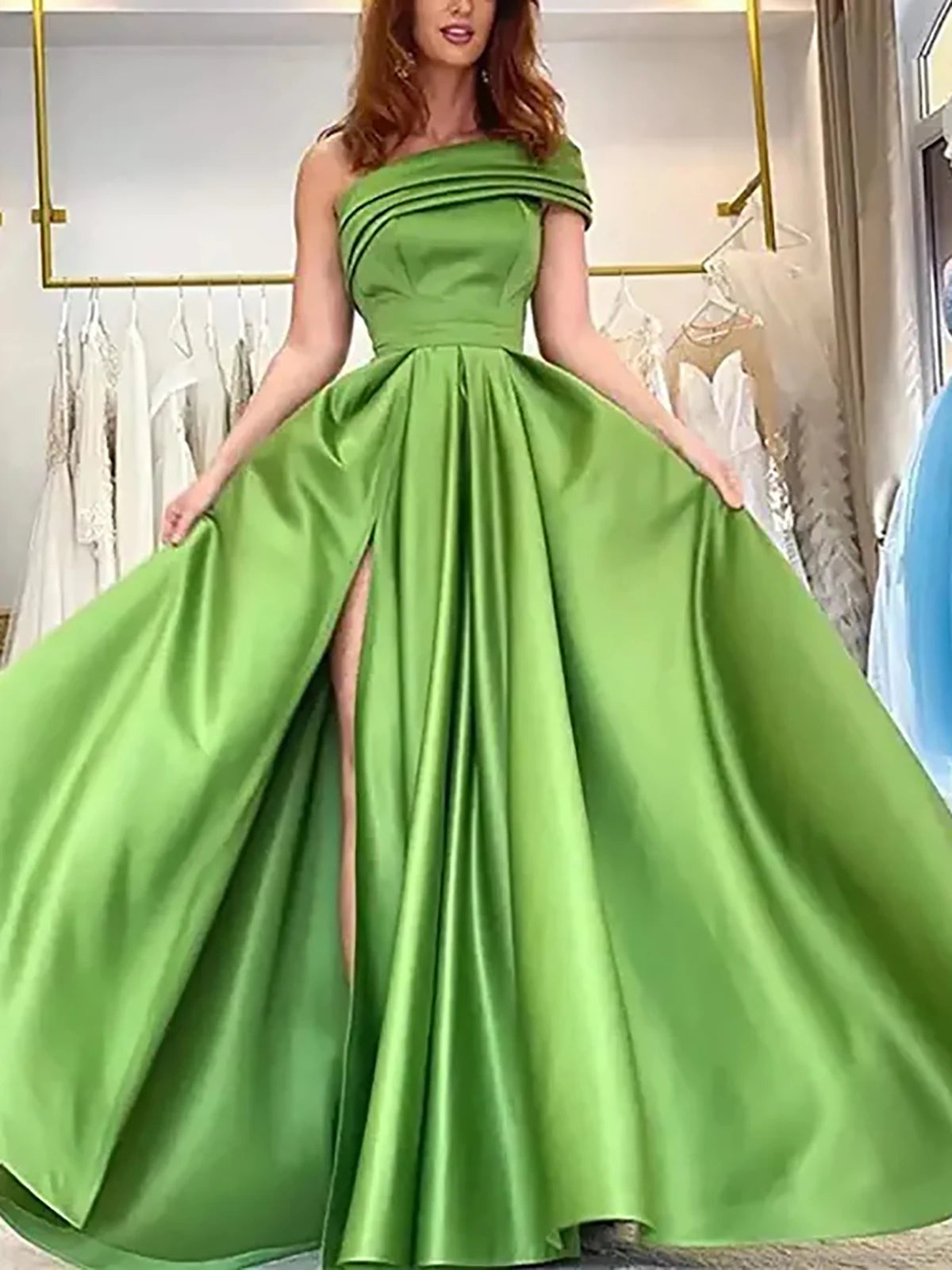 Women’s Elegant One Shoulder Satin Evening Dress Solid High Split A Line Cocktail Party Prom Gown Formal Maxi Dresses Vestidos